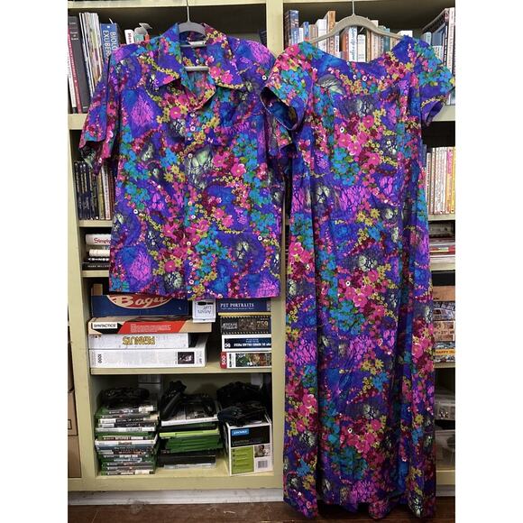 Vintage 60s Barkcloth Hawaiian Honeymoon Set Maxi Dress & Men's Shirt Purple L M - Picture 1 of 10